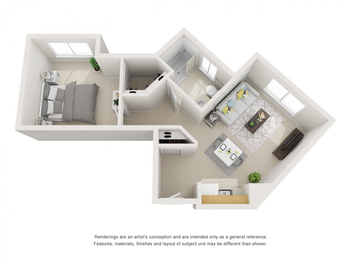 A 3D floor plan depicting the layout of a one-bedroom apartment with living room, kitchen, and bathroom.