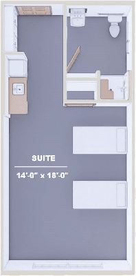 A floor plan of a suite showing two beds and a small kitchenette.