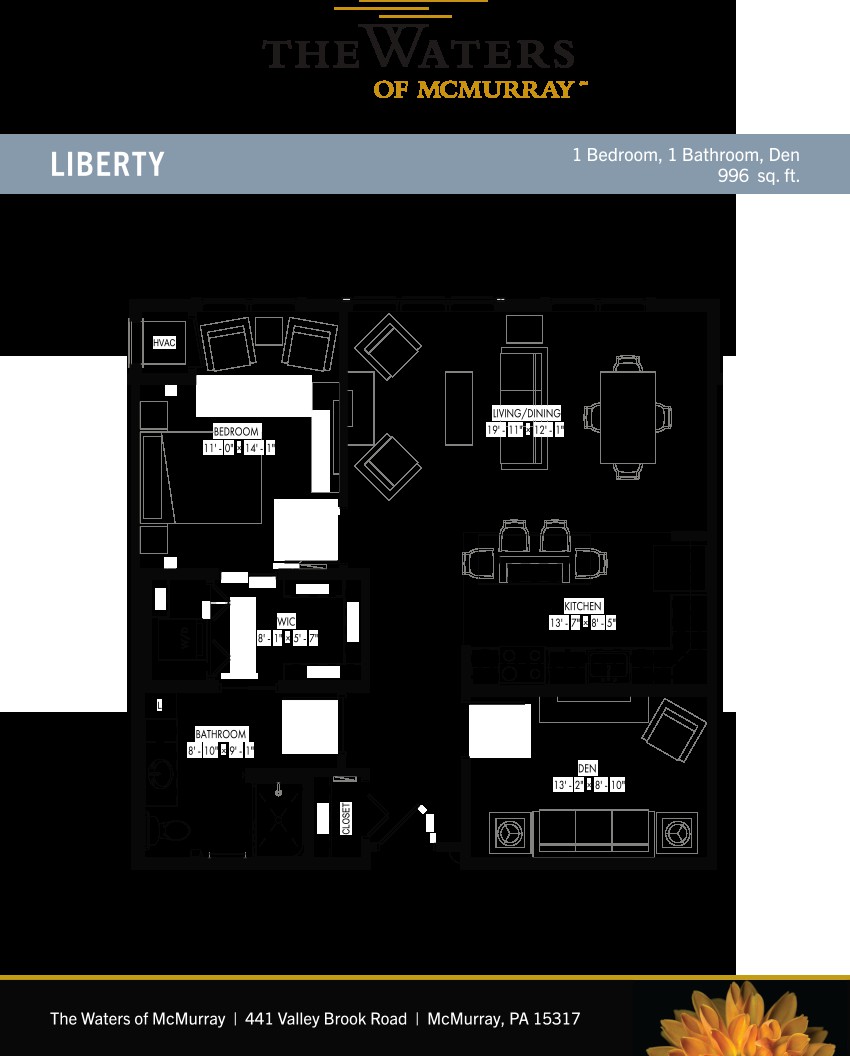 Floor plan of a Liberty apartment featuring 1 bedroom and 1 bathroom.