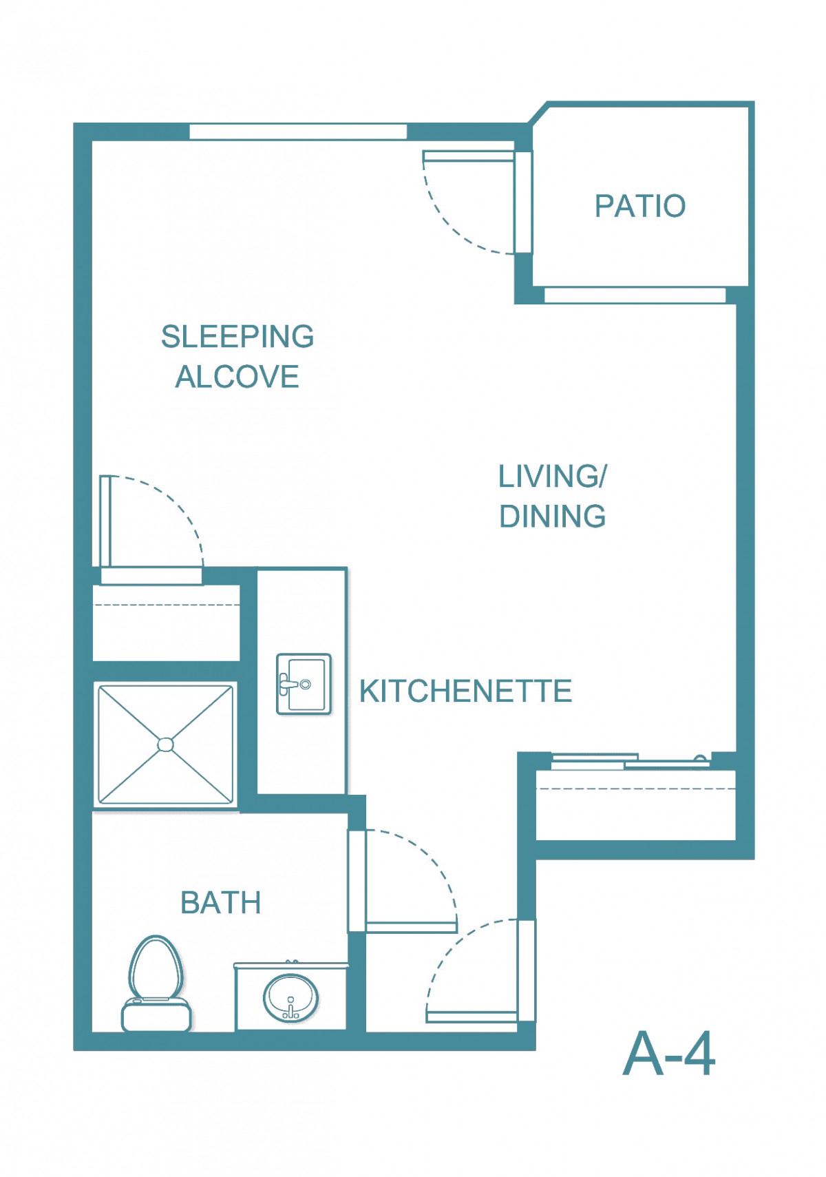 Studio apartment floor plan with living area, kitchenette, sleeping alcove, bath, and patio.