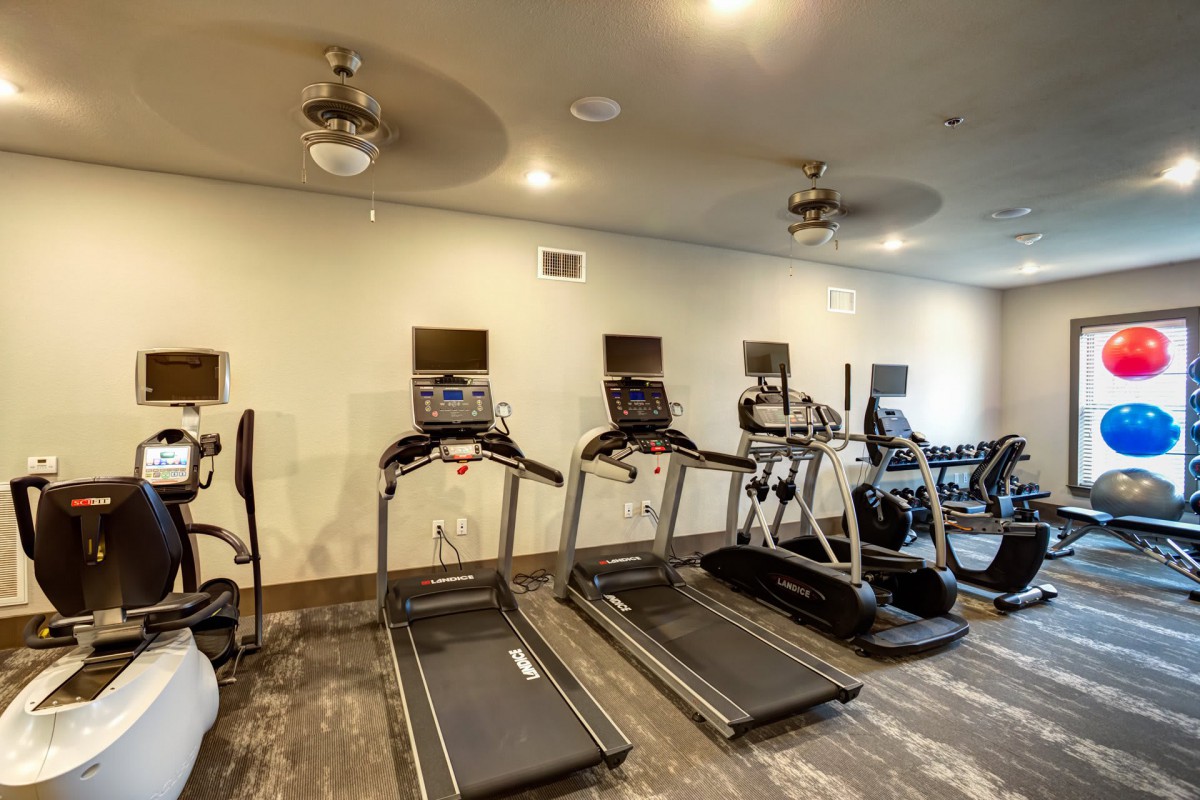 A well-equipped indoor gym featuring multiple treadmills and exercise machines.
