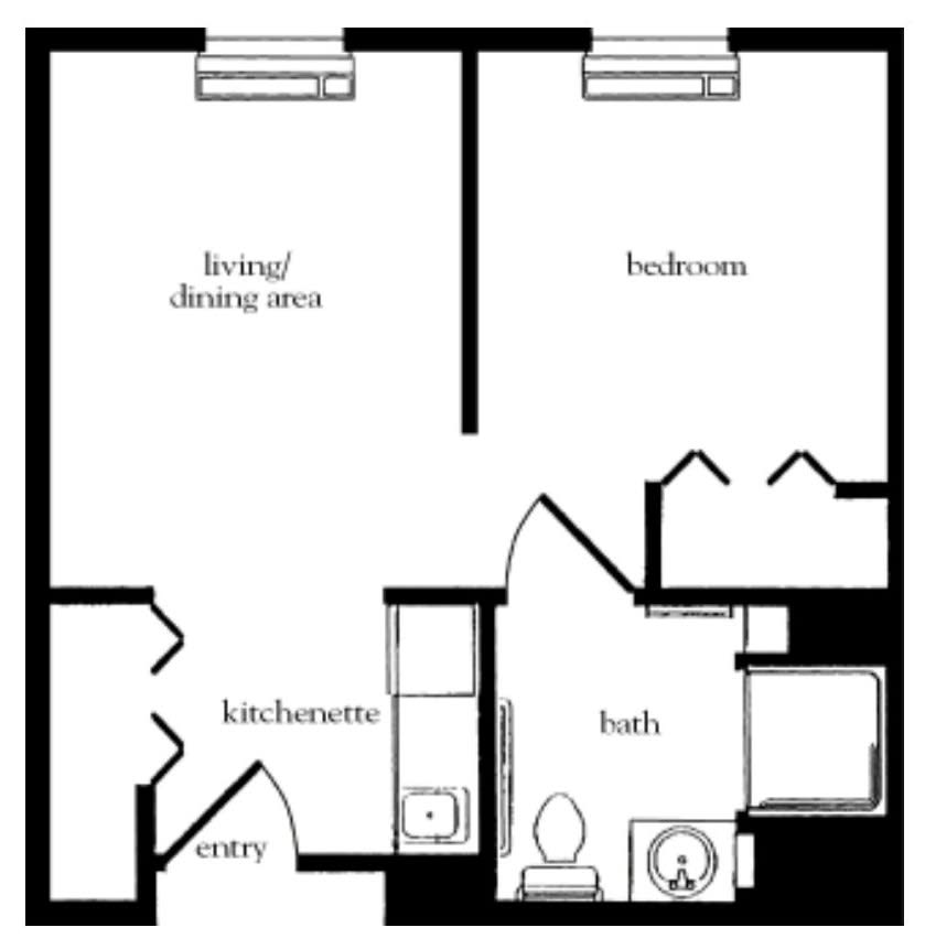 A floor plan of a one-bedroom apartment featuring a living/dining area, kitchenette, and bathroom.