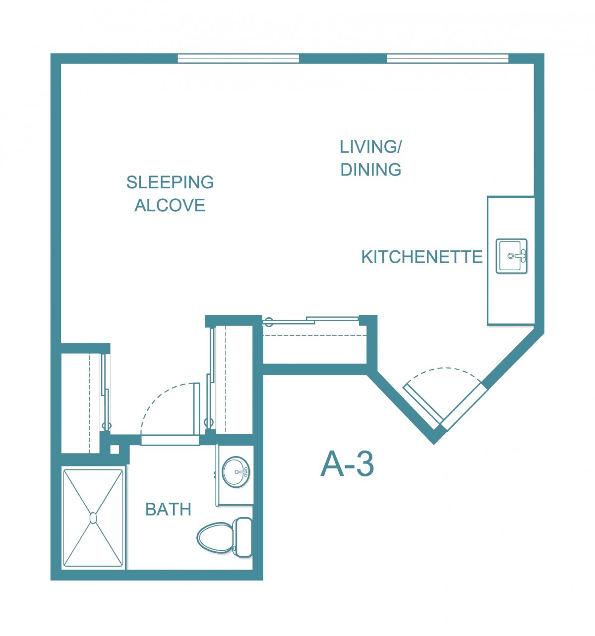 Studio apartment floor plan with a sleeping alcove, living/dining area, kitchenette, and bath.