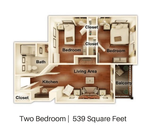 Two-bedroom apartment floor plan with a total of 539 square feet, featuring a living area, kitchen, and balcony.