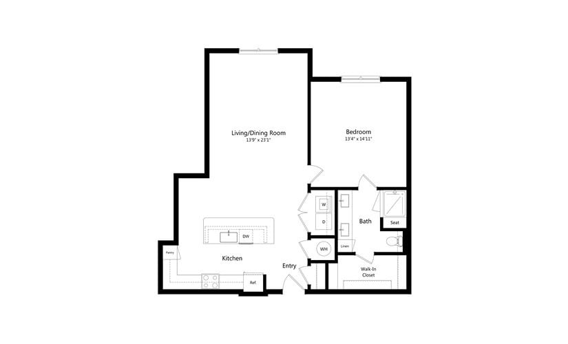 A minimalist floor plan of an apartment, featuring a living/dining area, a bedroom, and a kitchen space.