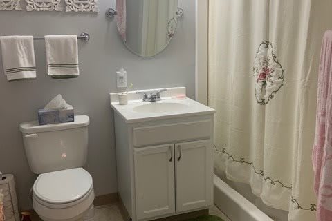 A small bathroom with a white sink, mirror, and shower curtain.