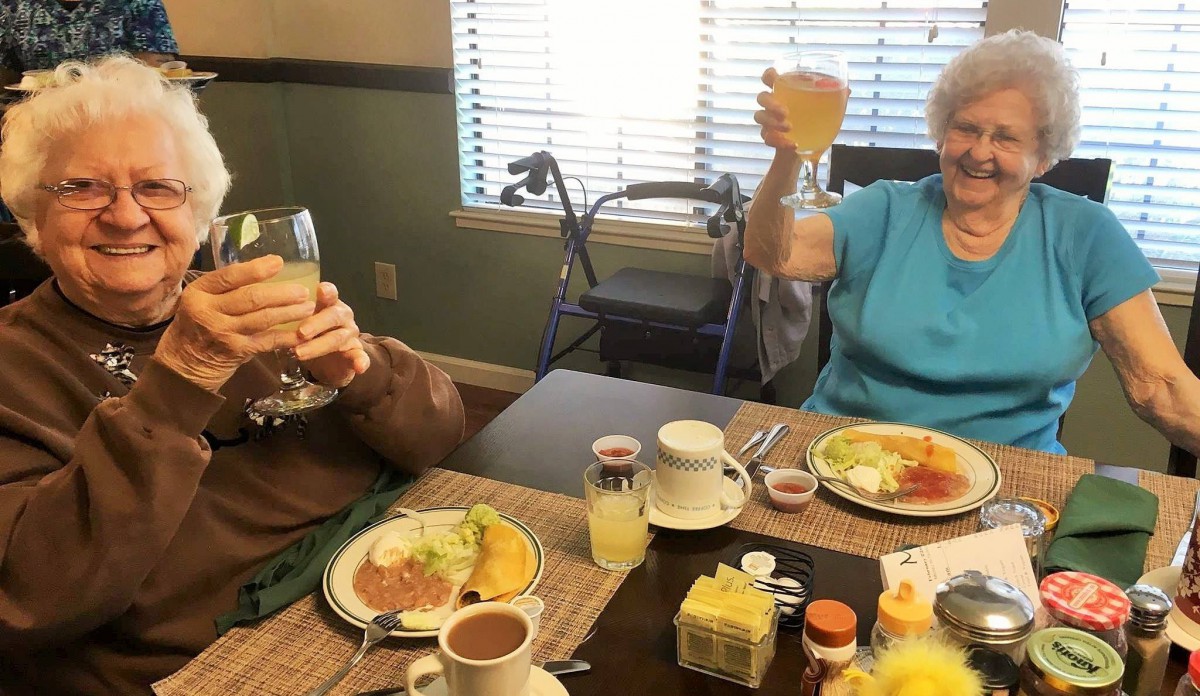 Elderly individuals enjoying a meal and making a toast indoors.
