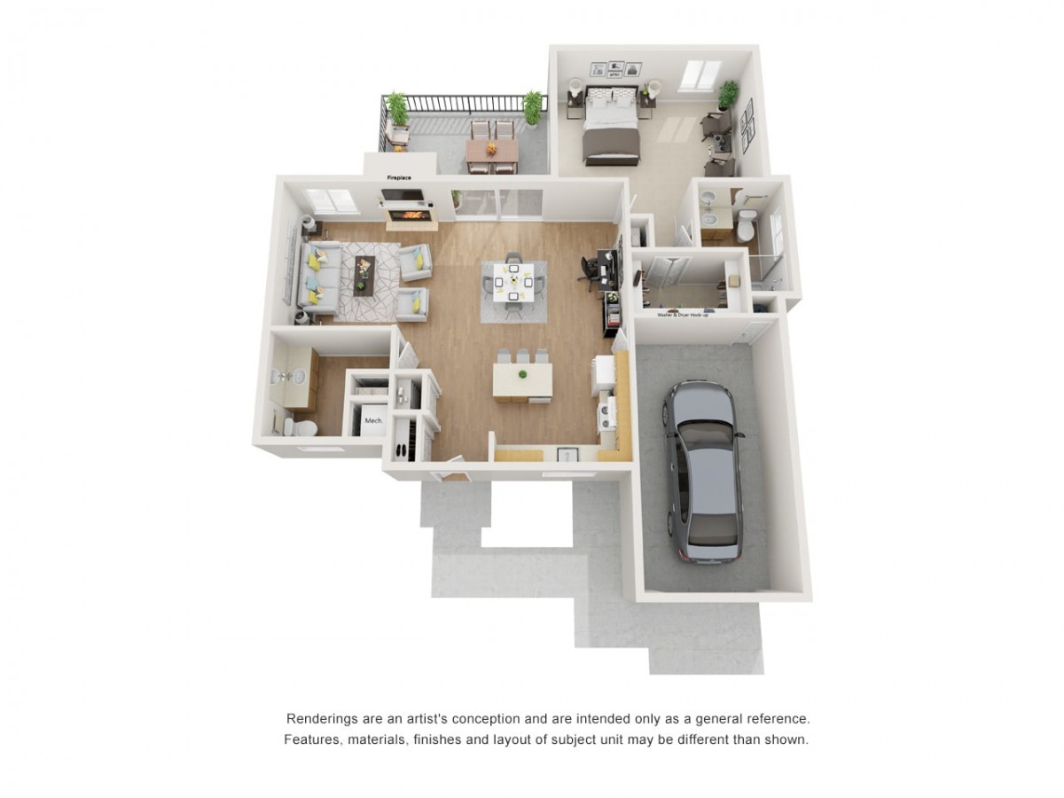 A 3D floor plan depicting a modern home layout with a garage, living room, kitchen, bedroom, and bathroom.