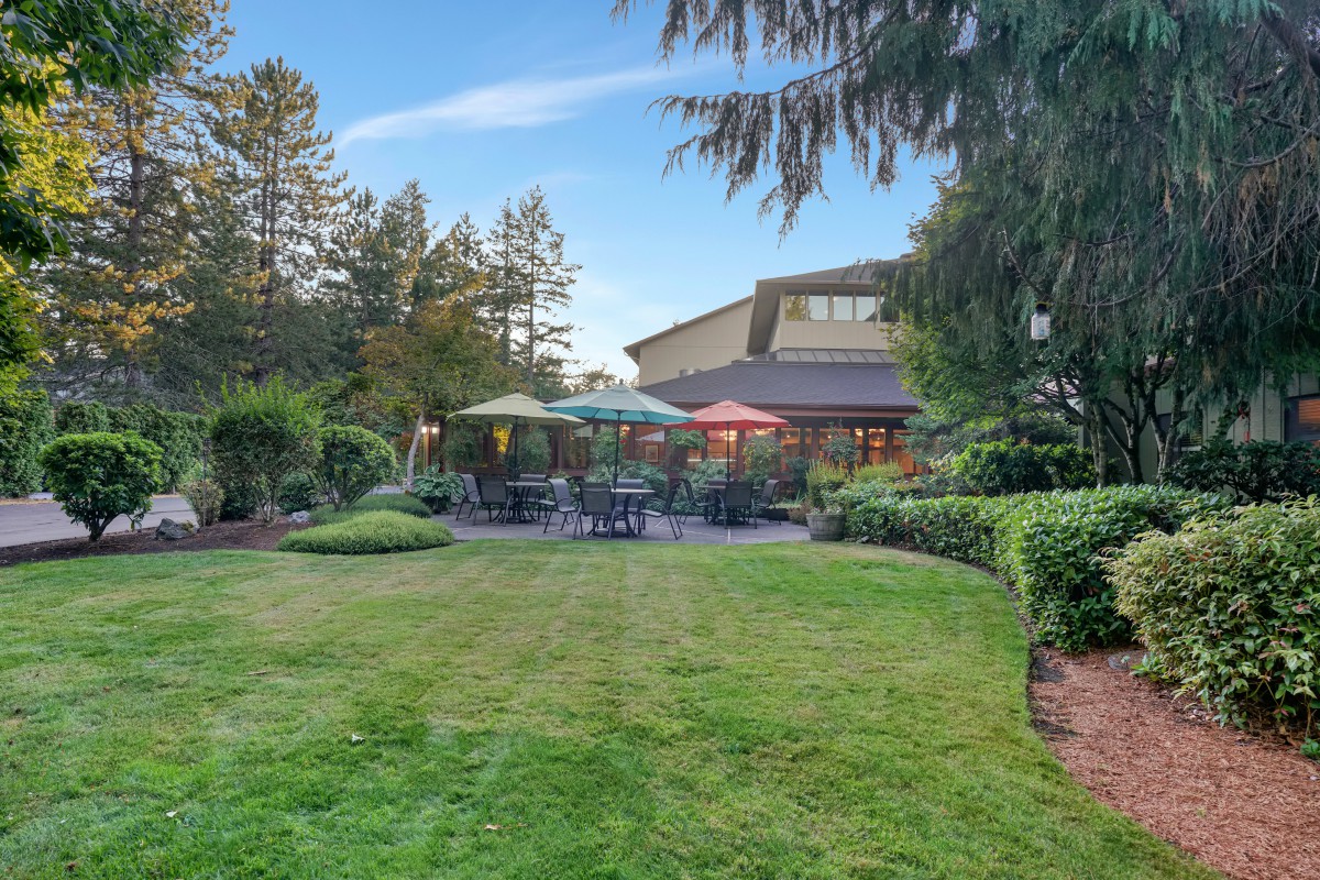 A tranquil garden setting with outdoor seating and colorful umbrellas on a grassy lawn.