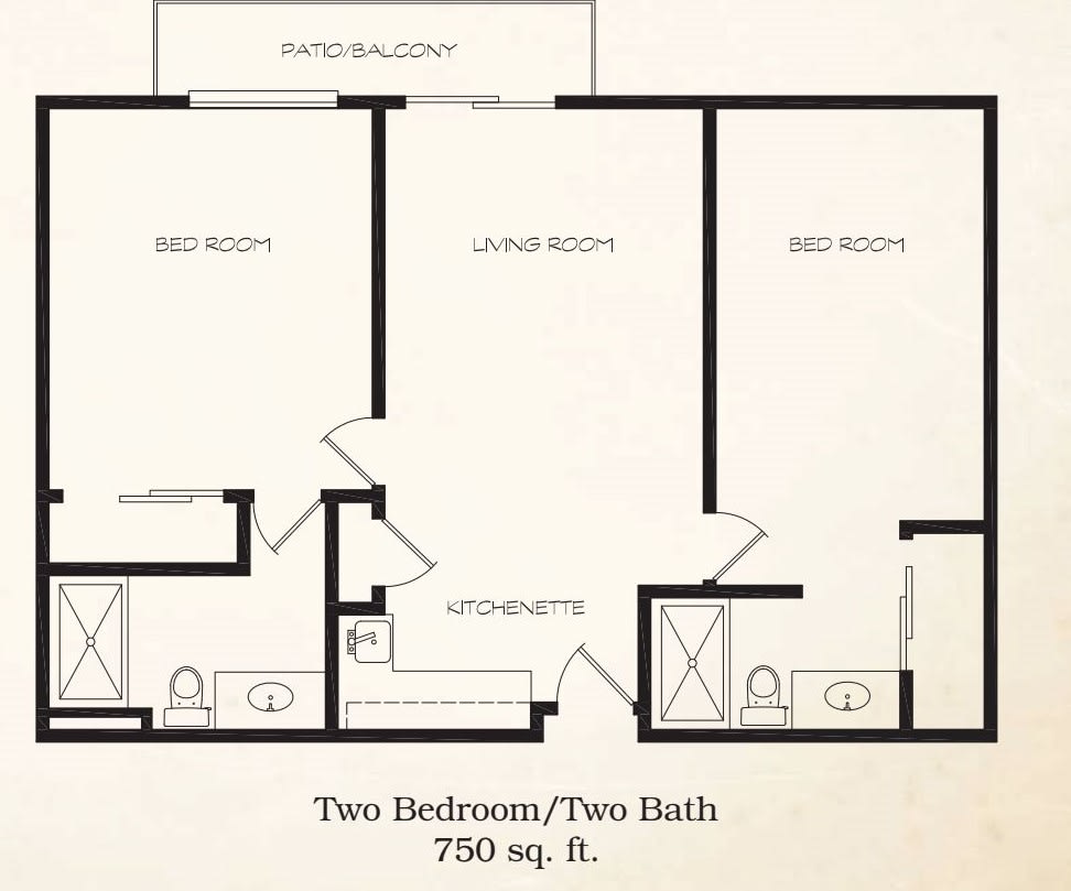A floor plan of a two-bedroom, two-bathroom apartment covering 750 square feet.