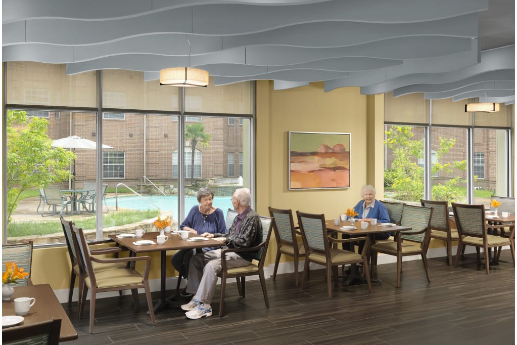 Elderly individuals enjoying a meal in a spacious dining room with large windows and a pleasant atmosphere.