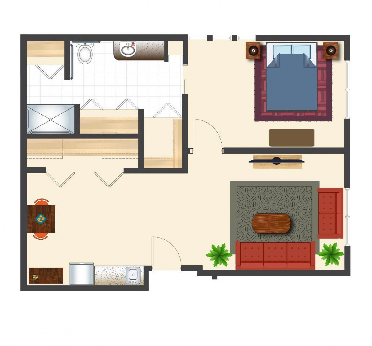 A floor plan of a one-bedroom apartment featuring a living room, kitchen, and bathroom.