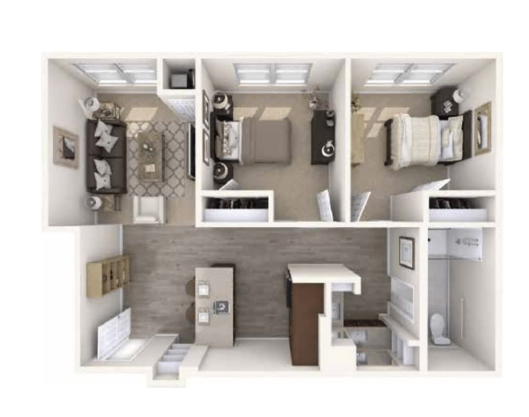 A 2-bedroom apartment floor plan showcasing interior design layout.
