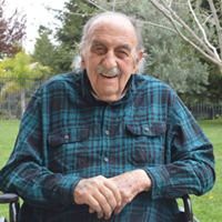 An elderly man sitting in a wheelchair outdoors, smiling and wearing a plaid shirt.