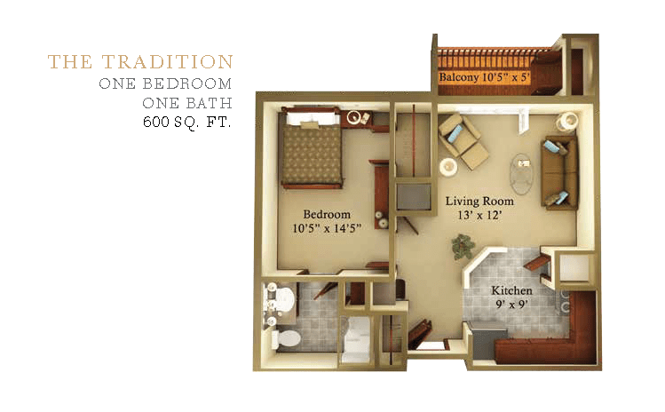A floor plan of a one-bedroom, one-bath apartment totaling 609 square feet.