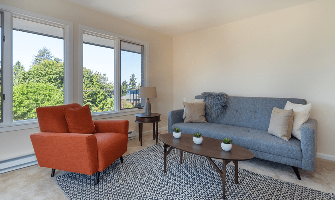 A cozy living room with a comfortable gray sofa, an orange armchair, a wooden coffee table, and small plants on the table.
