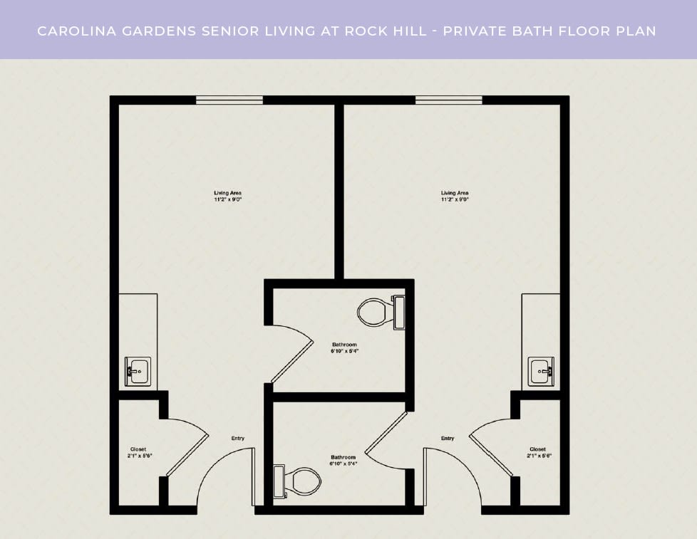 Floor plan of a dormitory with two private rooms and shared bathroom.