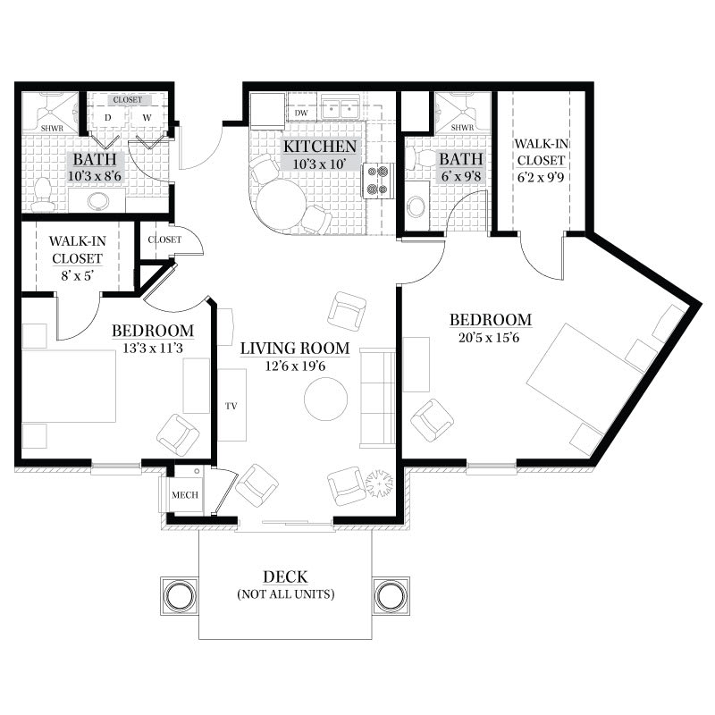 A floor plan of a two-bedroom apartment with living room, kitchen, two bathrooms, and a balcony.