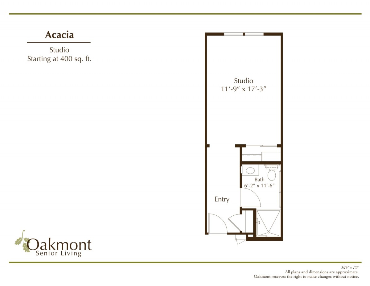 Floor plan of an Acacia studio apartment measuring 400 sq. ft.