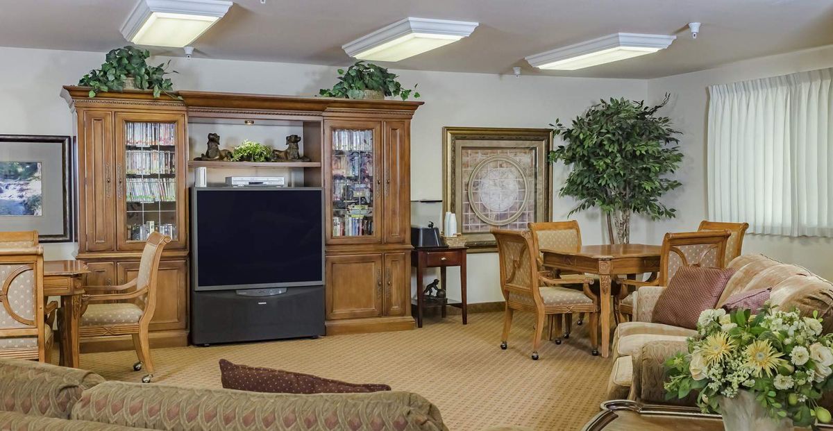 A cozy living room with a large television, wooden cabinet, dining table, and indoor plants.