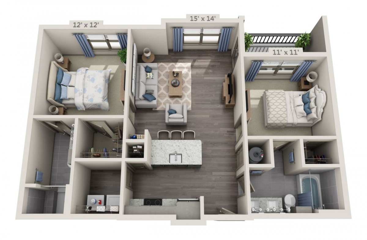 3D floor plan of a modern apartment with two bedrooms, a living room, and a kitchen.
