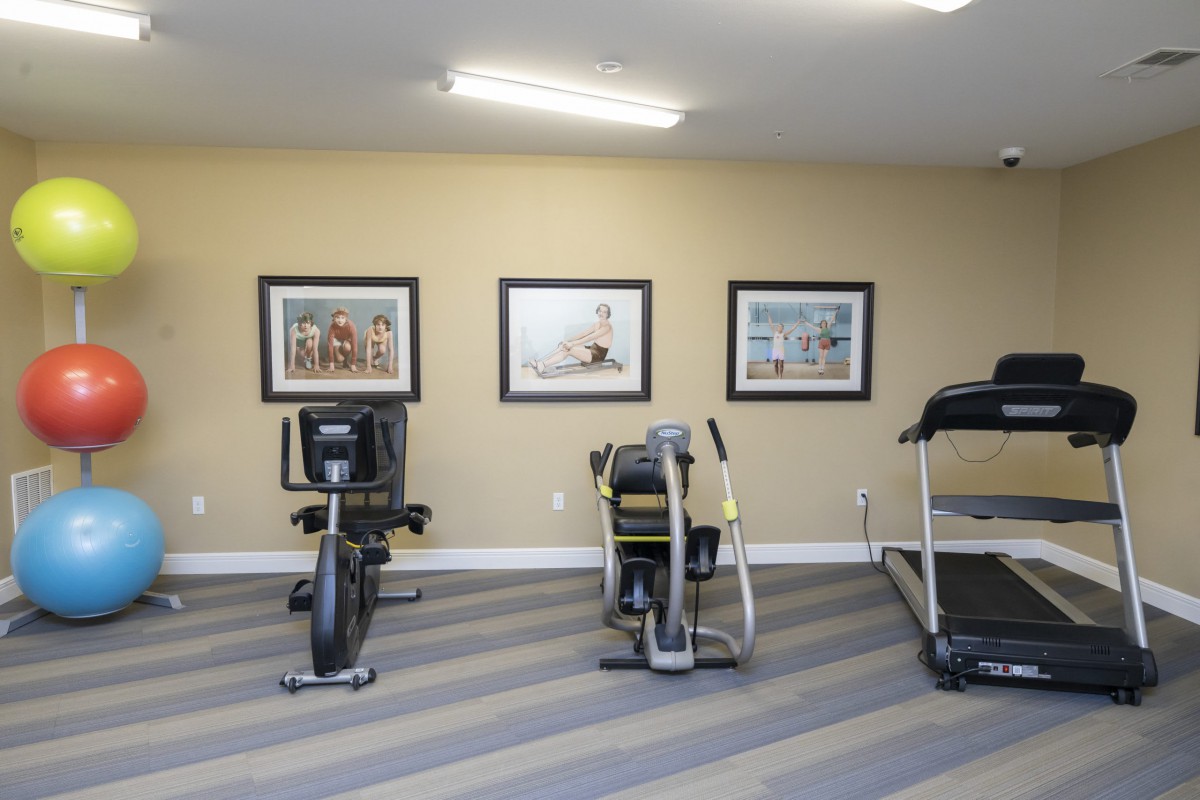 A gym room with exercise equipment including a treadmill and stationary bikes.