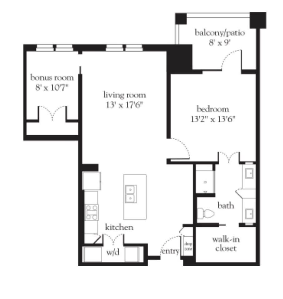 A floor plan of an apartment with two bedrooms, a living room, and a kitchen.