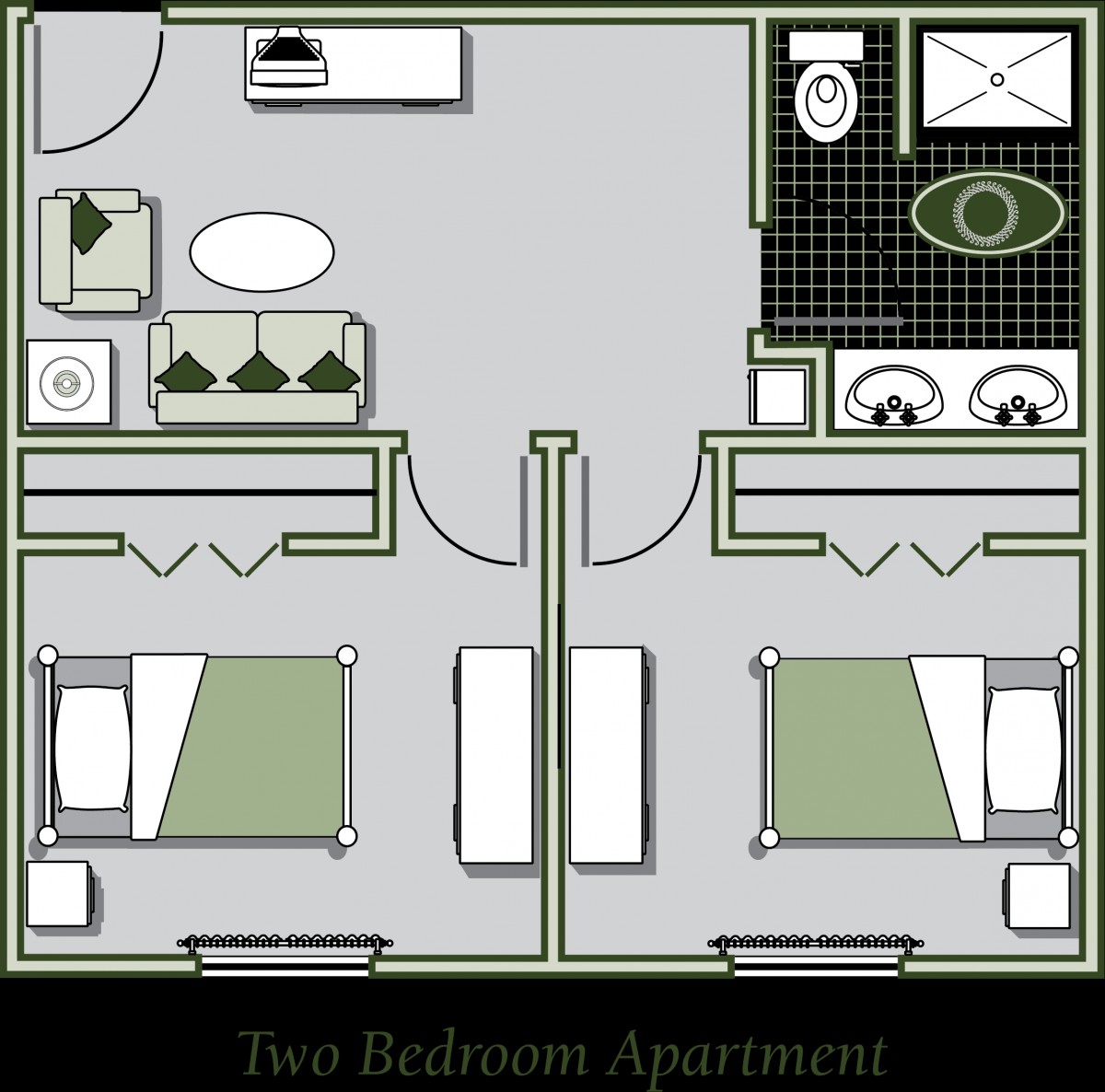Floor plan of a two-bedroom apartment with a living room and bathroom.