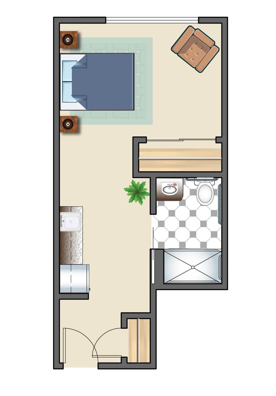 A simple floor plan of a one-bedroom apartment featuring a bathroom, bedroom, and living area.