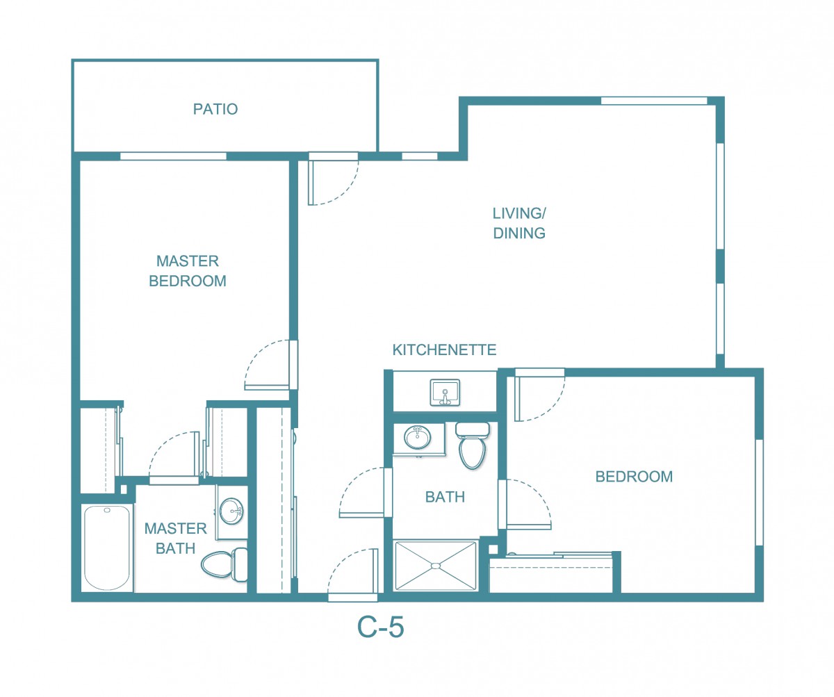Two-bedroom apartment floor plan with living/dining area and patio.