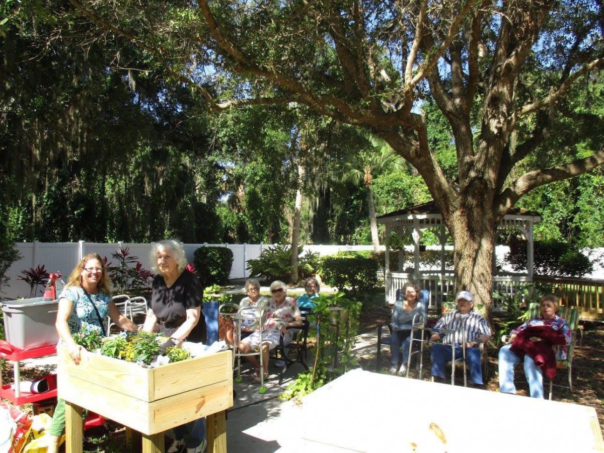A lively outdoor restaurant garden with people enjoying a sunny day.