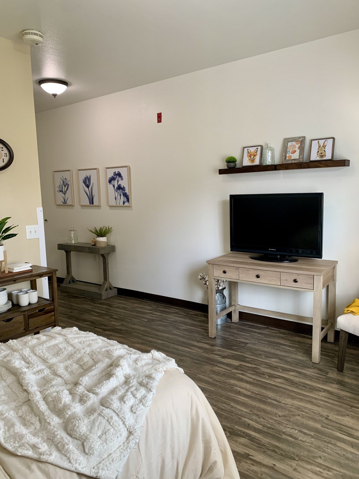 A cozy living room with a TV, wooden furniture, and decorative elements including wall art and indoor plants.