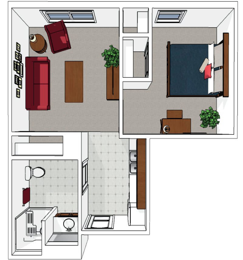 A detailed floor plan of a one-bedroom apartment with a living room, kitchen, and bathroom.