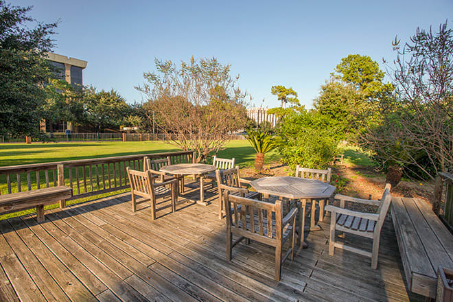 A sunny outdoor deck with wooden tables and chairs overlooking a lush garden.