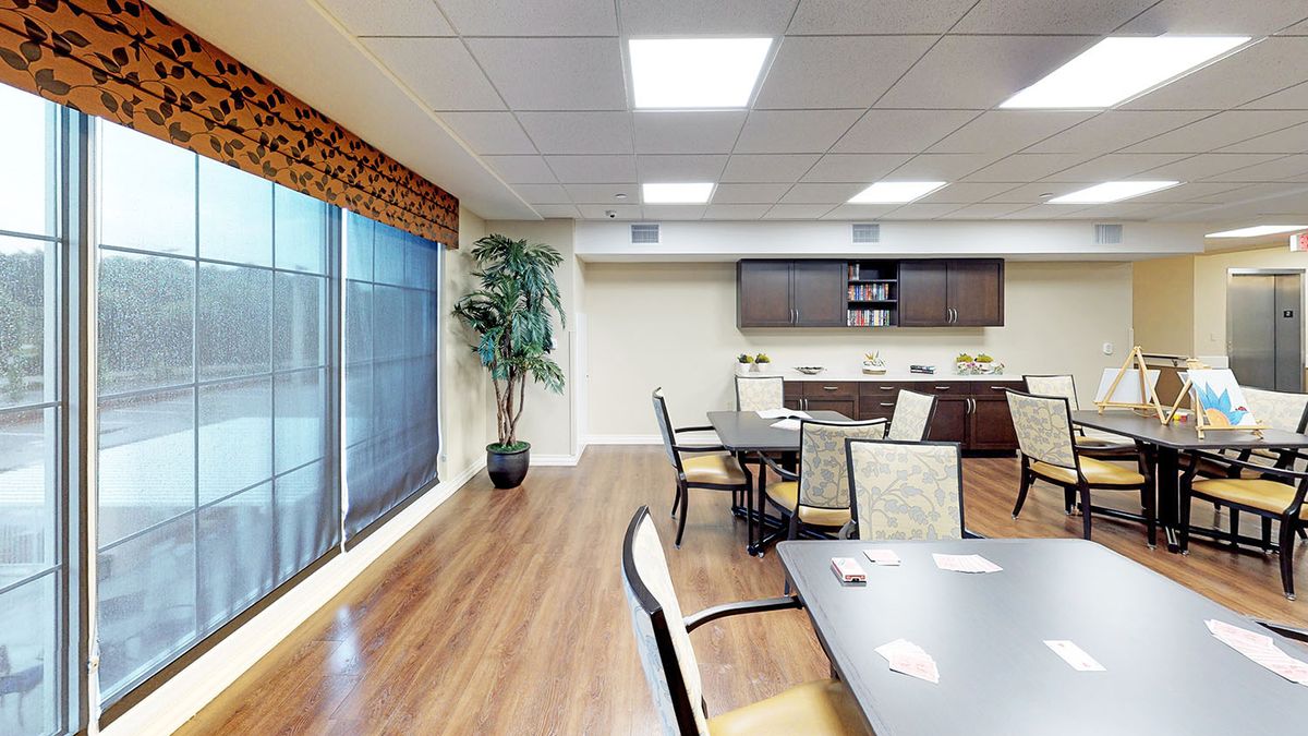A modern dining area with tables, chairs, a kitchenette, and a potted plant by the window.