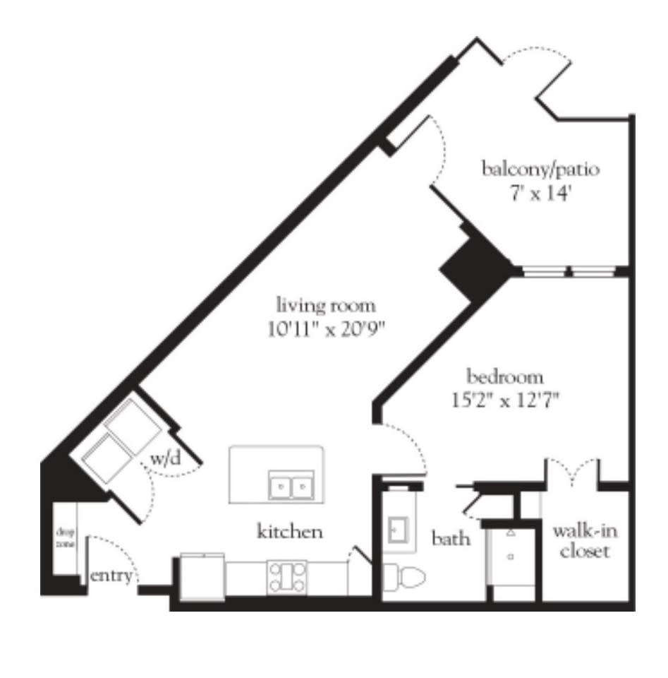 Floor plan of a one-bedroom apartment with living room, kitchen, bathroom, and balcony.