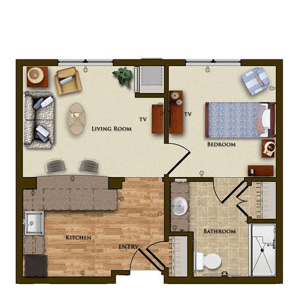 A detailed floor plan of a one-bedroom apartment, featuring a living room, kitchen, and bathroom.