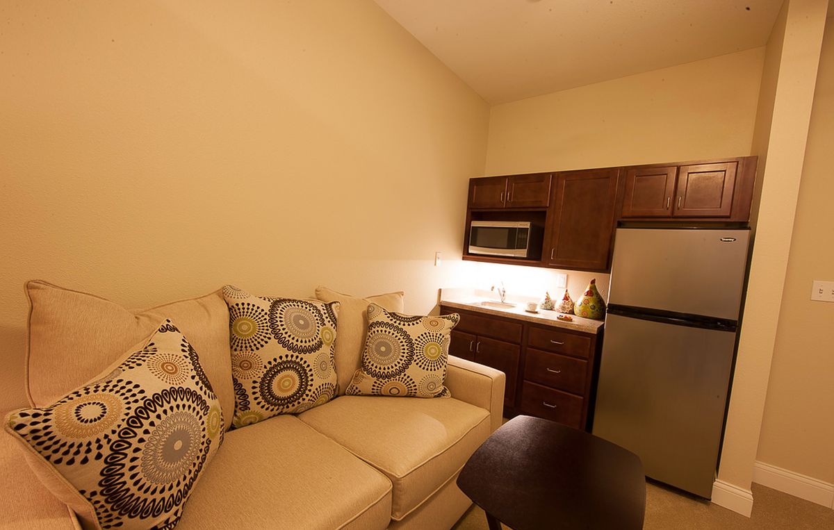 A cozy apartment living area with a sofa and a kitchenette.