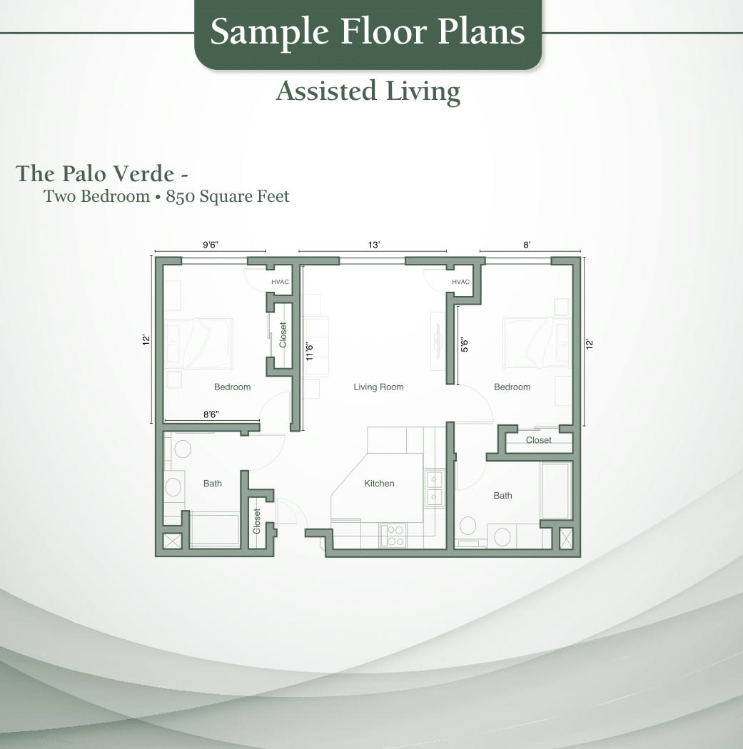 Sample floor plan for a two-bedroom assisted living space.