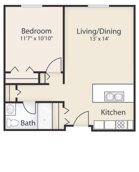 One-bedroom apartment floor plan with a combined living and dining area, kitchen, and bathroom.