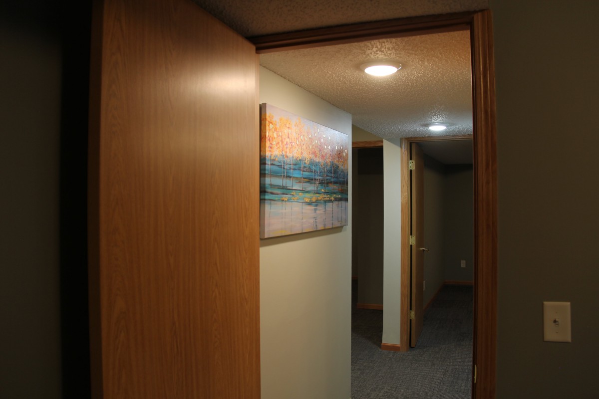 A dimly lit hallway with artwork on the wall and carpeted flooring.