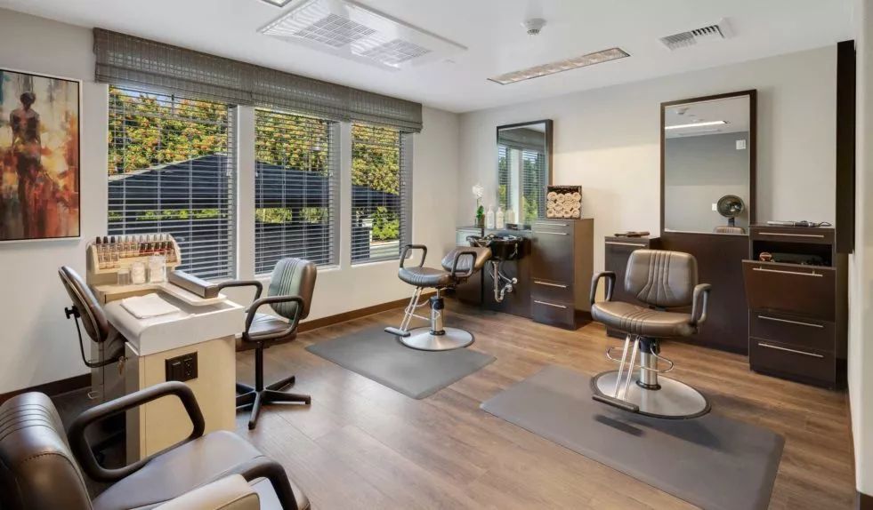 A modern salon interior featuring chairs and mirrors with large windows providing natural light.