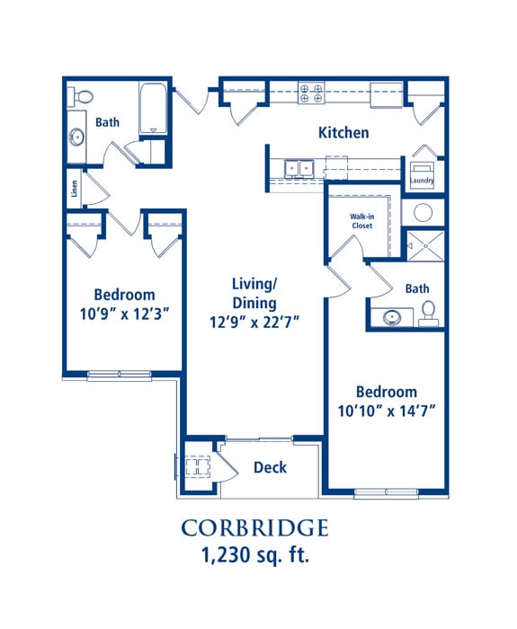 A floor plan of a 1,230 sq. ft. apartment named Corbridge, featuring two bedrooms, two bathrooms, a kitchen, living/dining area, and a deck.