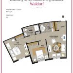 Floor plan for a two-bedroom, three-bathroom apartment with living and kitchen areas.