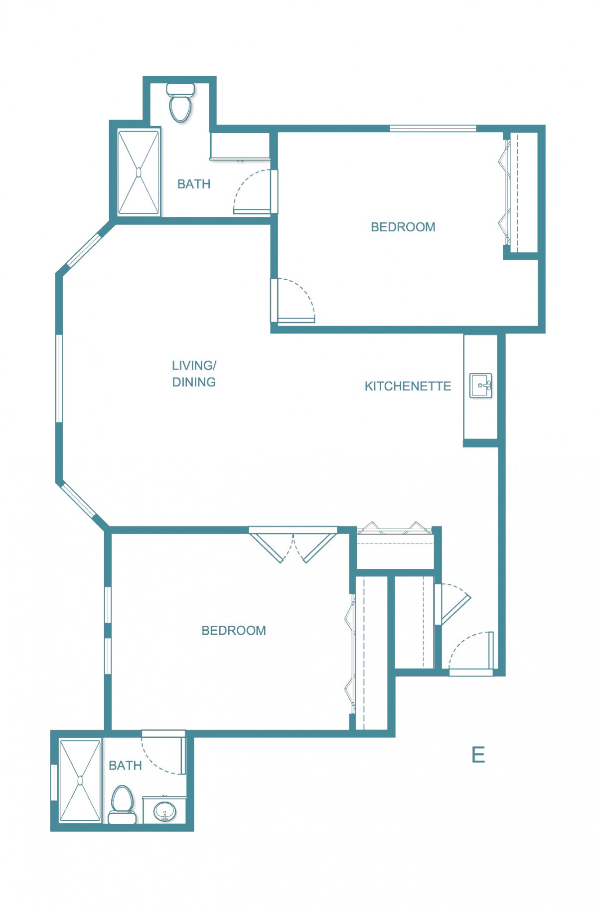 Floor plan of a two-bedroom apartment featuring a kitchen, living/dining area, and bathroom.