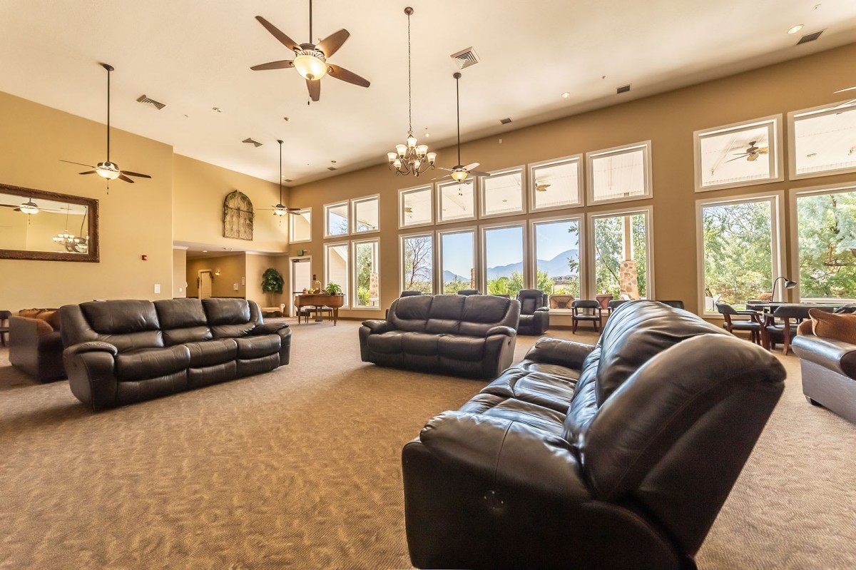 Spacious living room with leather sofas, large windows, and elegant lighting.