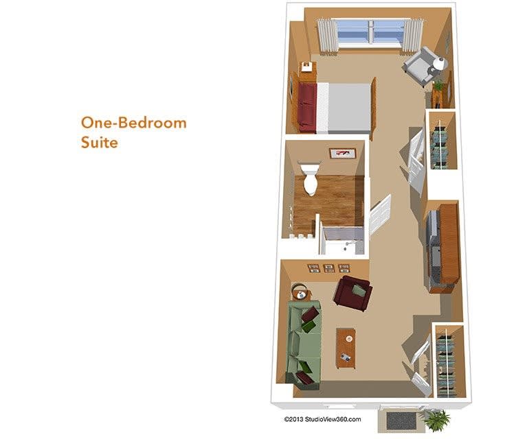 A detailed floor plan of a one-bedroom suite, showcasing the layout and arrangement of rooms.