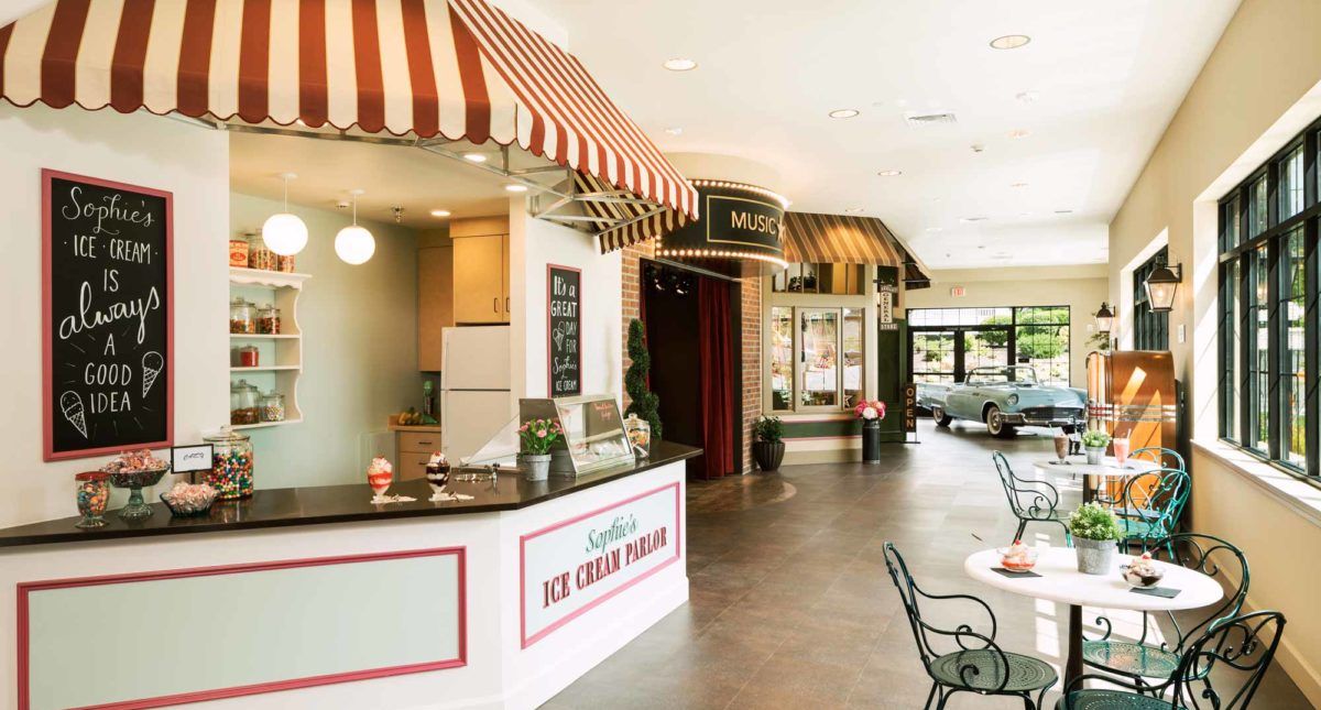 A charming ice cream parlor with a vintage aesthetic and inviting seating area.