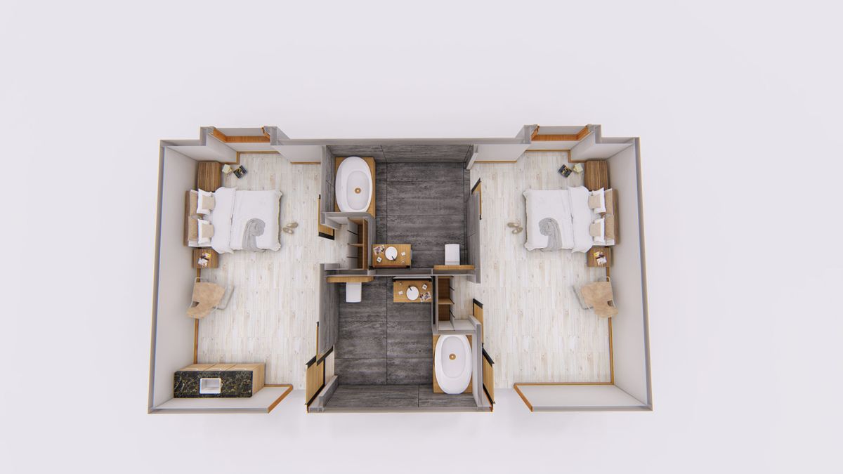 A 3D floor plan showing a two-bedroom apartment with bathrooms and connected common areas.