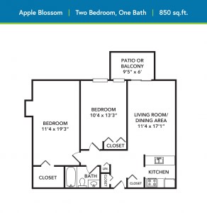 Floor plan of a two-bedroom, one-bathroom apartment with a living room, kitchen, and patio or balcony.